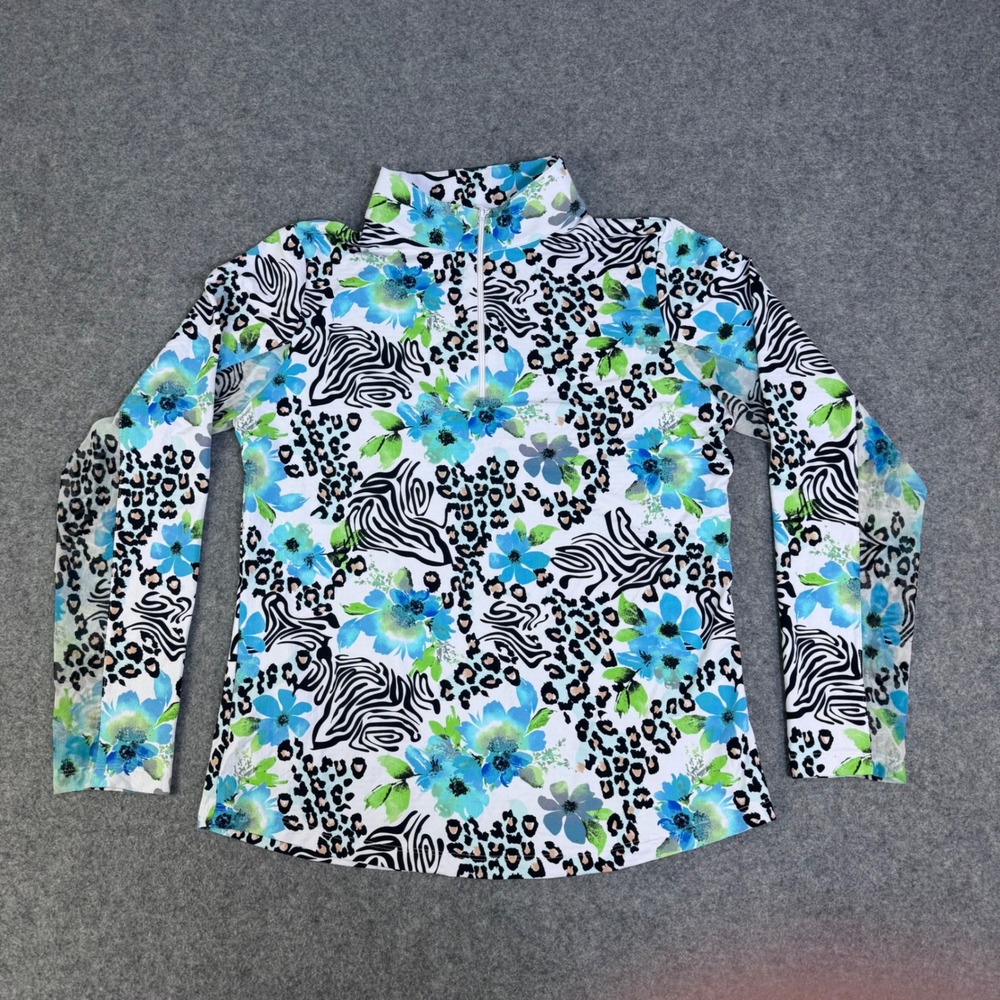 IBKUL Womens Blue Floral Zebra Leopard Print UPF 50 Quarter Zip Sun Shirt M